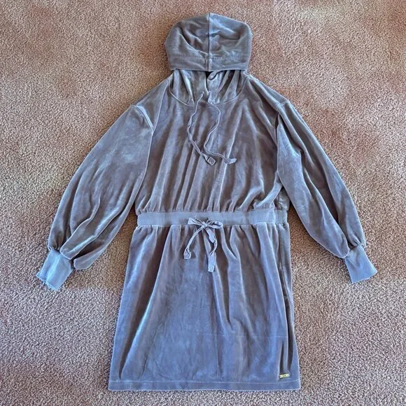 Like New Calvin Klein Velour Hooded Sweatshirt Mini Dress Brown L - Picture 2 of 12